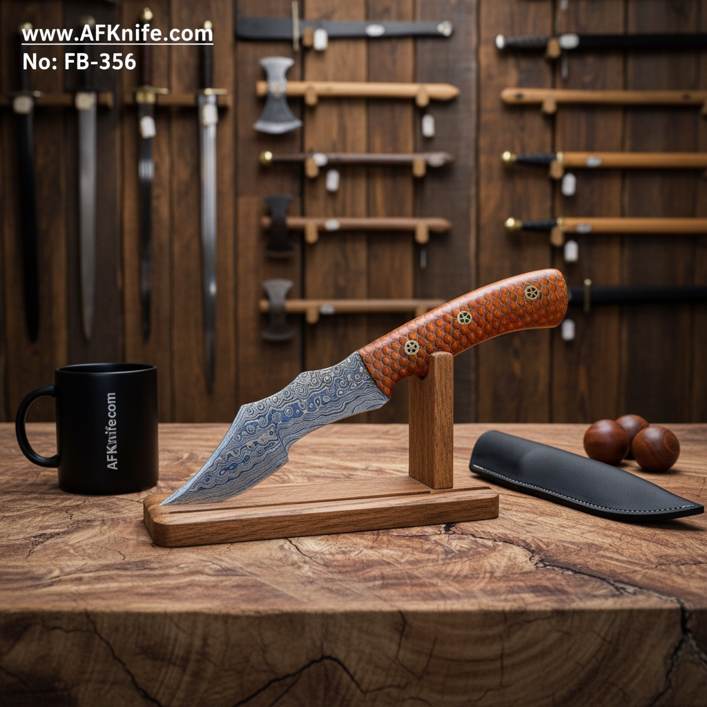 Fixed Blad Tracker - Damascus Steel 1095 + Epoxy Honeycomb Handle + Leather Sheath + 58-59 HRC - TRACKER Style No: FB-356