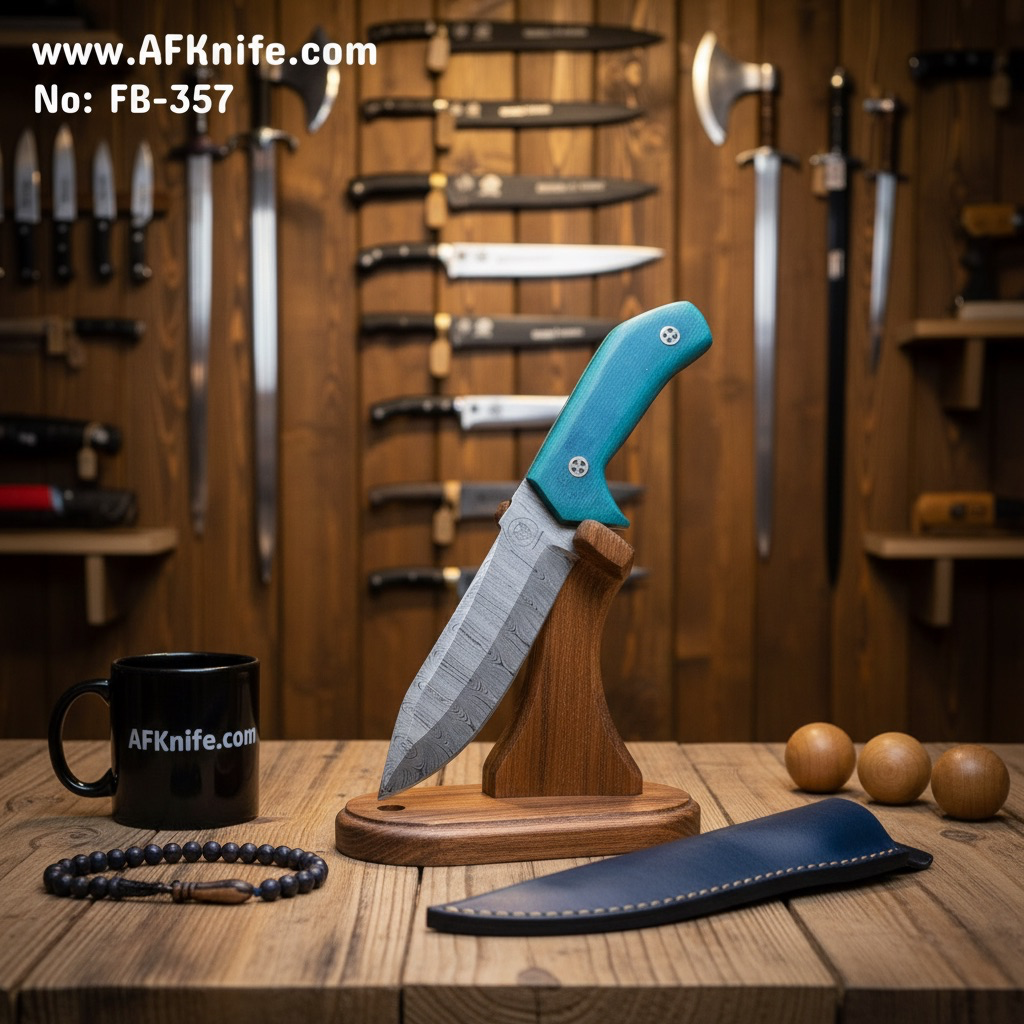 [FB-357-MG] Fixed Blade Damascus Steel 1095 + Micarta Handle / Deer Horn Handle + Leather Sheath -  Drop Point Style No: FB-357 (Micarta Green)