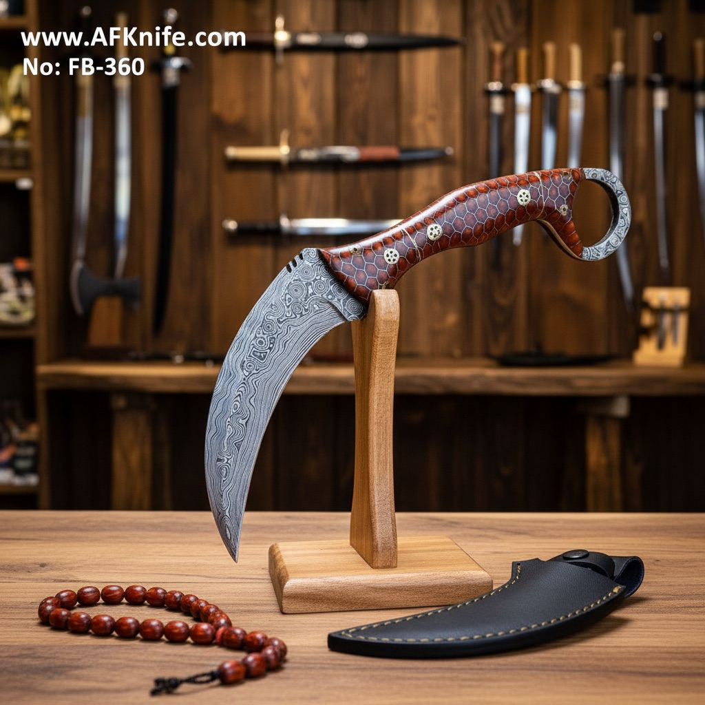 Fixed Blade Karambit Knife - Damascus Steel 1095 + Olive Wood / Epoxy Wood Handle + Leather Sheath + 58-59 HRC Karambit Style No: FB-360