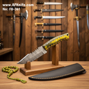 Fixed Blade Damascus Steel 1095 + Colored Wood Handle + Leather Sheath + 58-59 HRC -Skinner Style No: FB-361