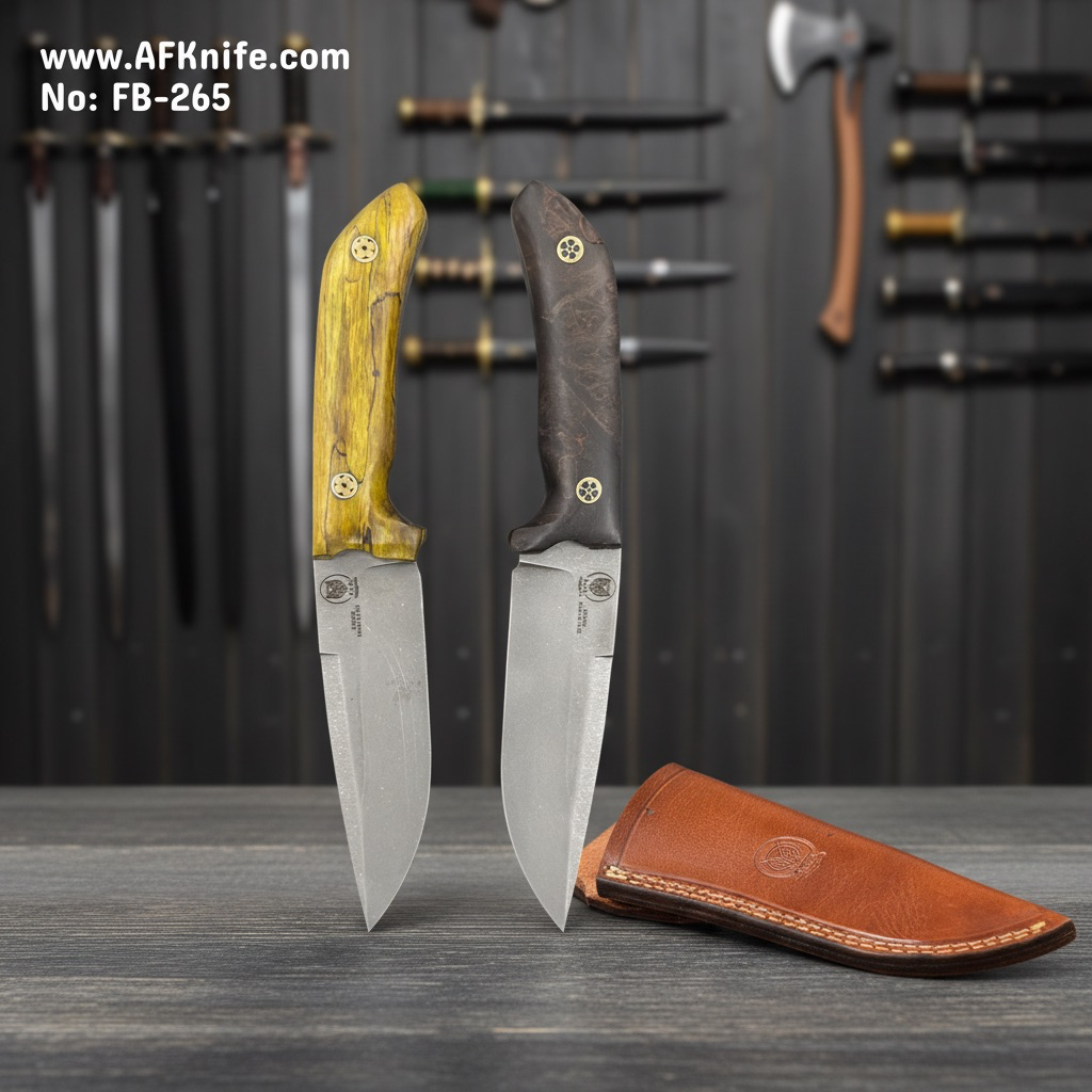 Fixed Blad Carbon Steel 1095 - Stone Wash + Zebra Wood Handle / Ebony Wood Handle + Leather Sheath + 58-59 HRC - Drop Point Style No: FB-265