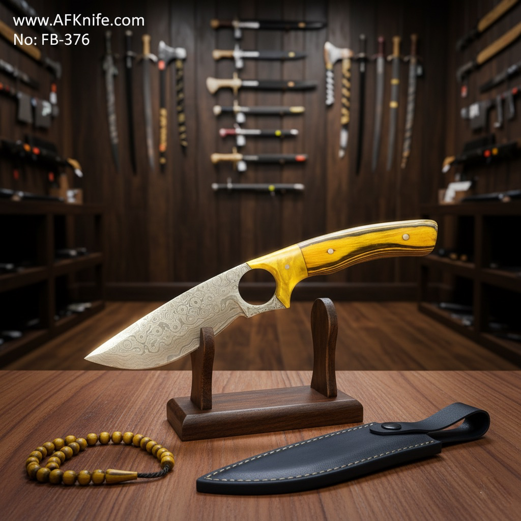 Fixed Blade Damascus Steel 1095 + Wood w/ Epoxy Handle + Leather Sheath + 58-59 HRC - Drop Point Style No: FB-376