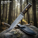 Fixed Blade Damascus Steel 1095 + Rose Wood w/ Copper Decoration & Guard Handle + Leather Sheath ( Bowie Style ) No: FB-378