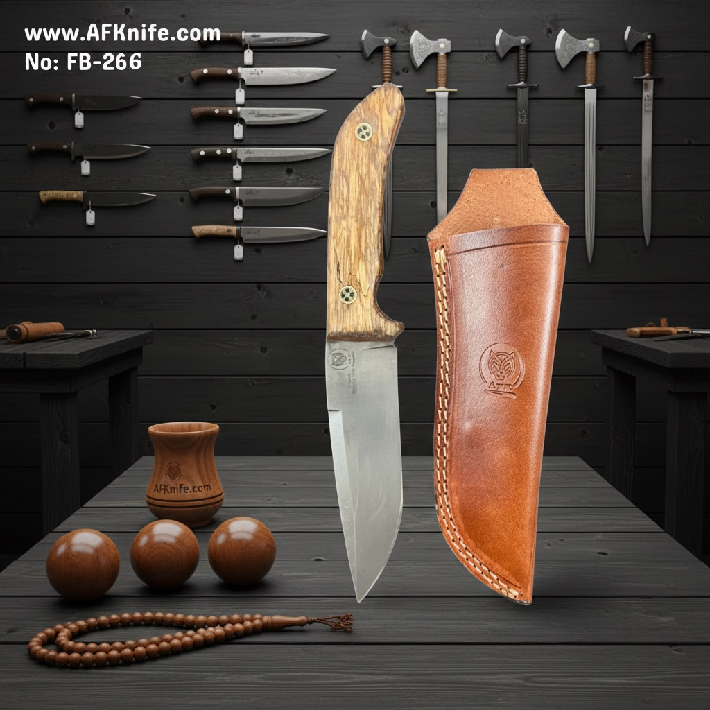 Fixed Blad Carbon Steel 1095 + Wood Handle + Leather Sheath + 58-59 HRC Drop Point Style No: FB-266