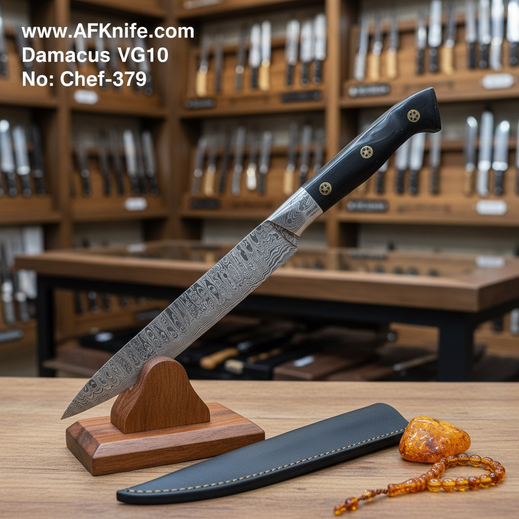 [31.50CM-Chef-017] سكين للذبح والتقطيع - معدن ( دمشقي في جي ١٠ ) مقبض ( جي ١٠ ) غمد ( جلد ) رقم ٣٧٩ (31.50 CM)