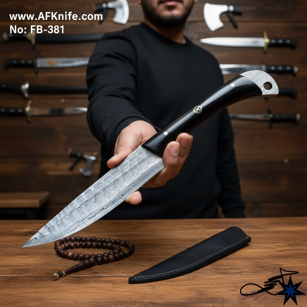 Fixed Blad Damascus Steel 1095 + Epoxy Handle + Leather Sheath + 58-59 HRC - ( Straight Back Style No: FB-381