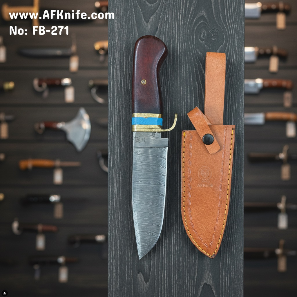 Fixed Blad Damascus Steel 1095 + Rose Wood w/ Guard Handle + Leather Sheath + 58-60 HRC Drop Point Style No: FB-271