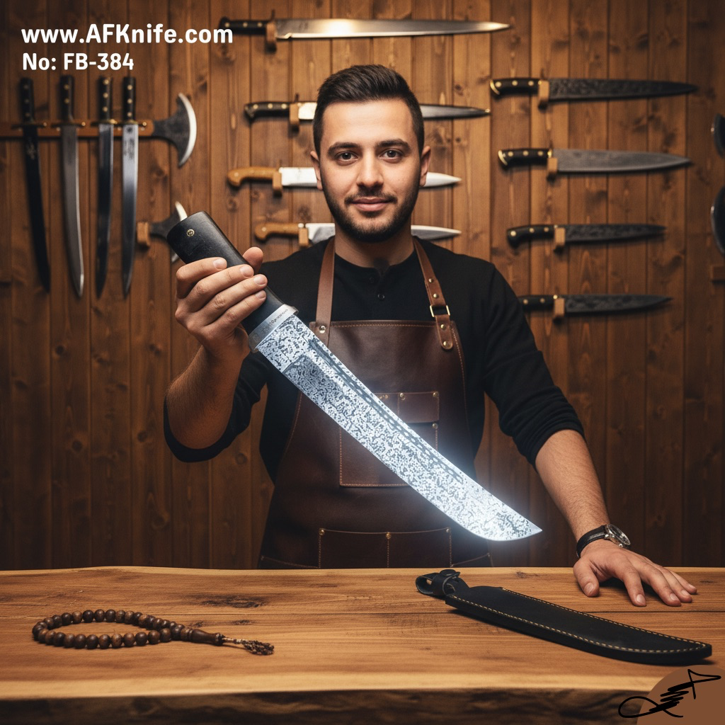 Fixed Blad Damascus Steel 1095 / Carbon Steel Mosaic Pattern + G10 Handle + Leather Sheath + 58-59 HRC ( Persian Style ) No: FB-384