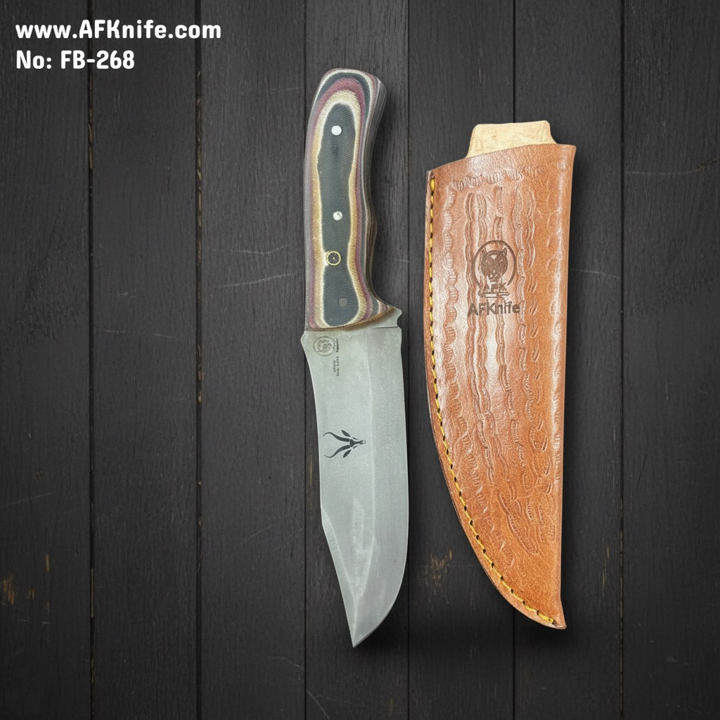 Fixed Blad Bowie Knife - Titanium Steel - Stonewash + G10 Handle + Leather Sheath - 58-59 HRC - Bowie Style No: FB-268