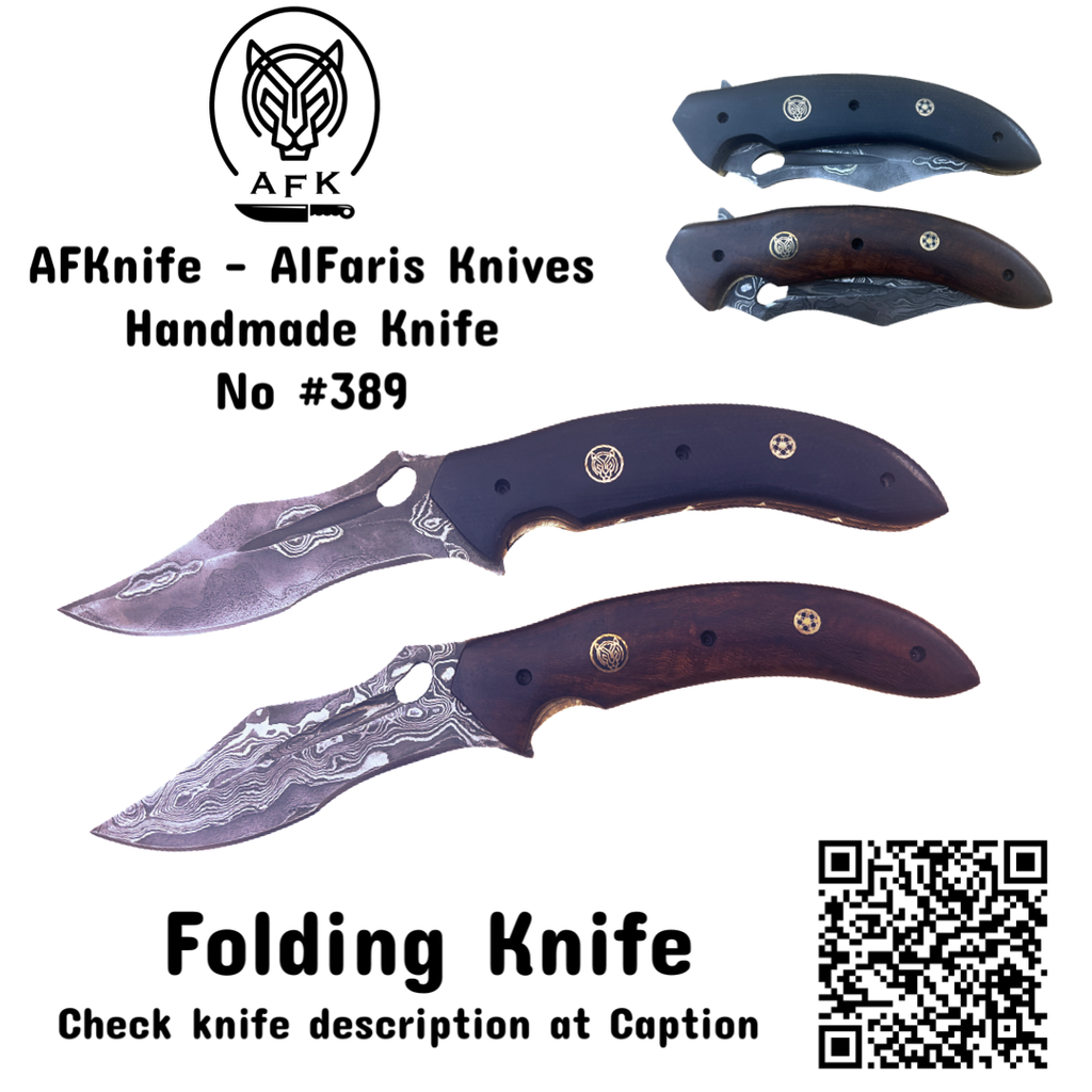 Folding Knife Damascus 1095 San Mai + Olive Wood Handle / Micarta Handle + Leather Sheath + Liner Lock Method No: FK027