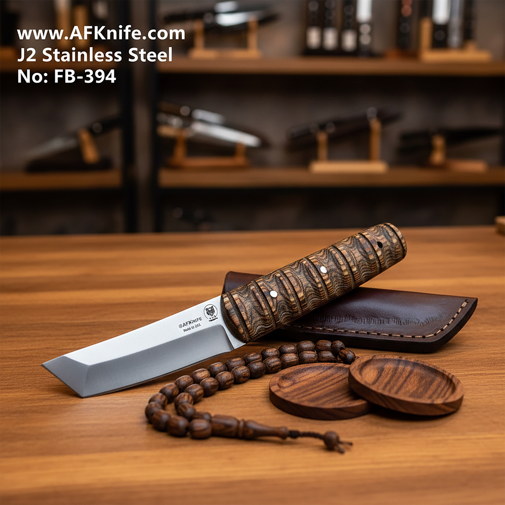 Fixed Blade J2 Stainless Steel + Micarta Handle + Leather Sheet + 54-56 HRC - Tanto Style No: FB-394