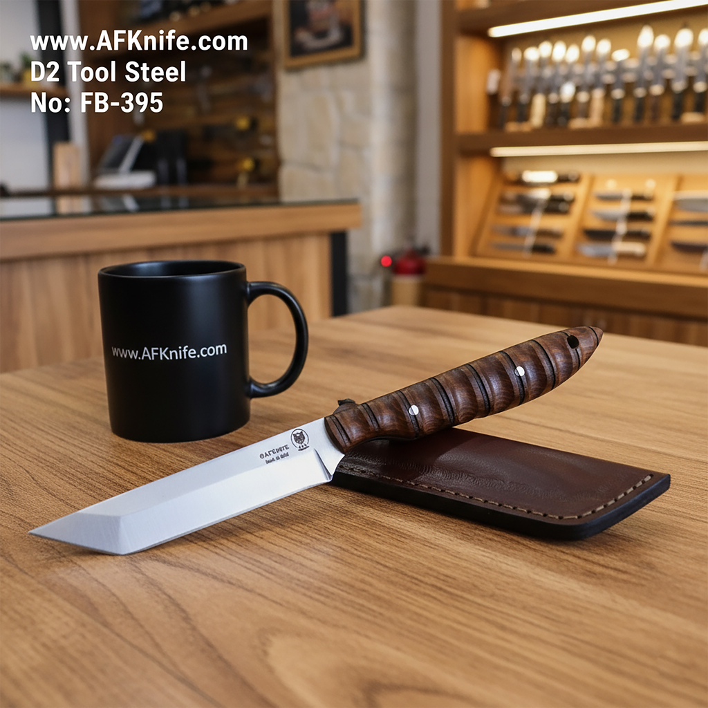 [395] Fixed Blade D2 Tool Steel + Rose Wood Handle + Leather Sheath + 58-59 HRC - Tanto Style No: FB-395