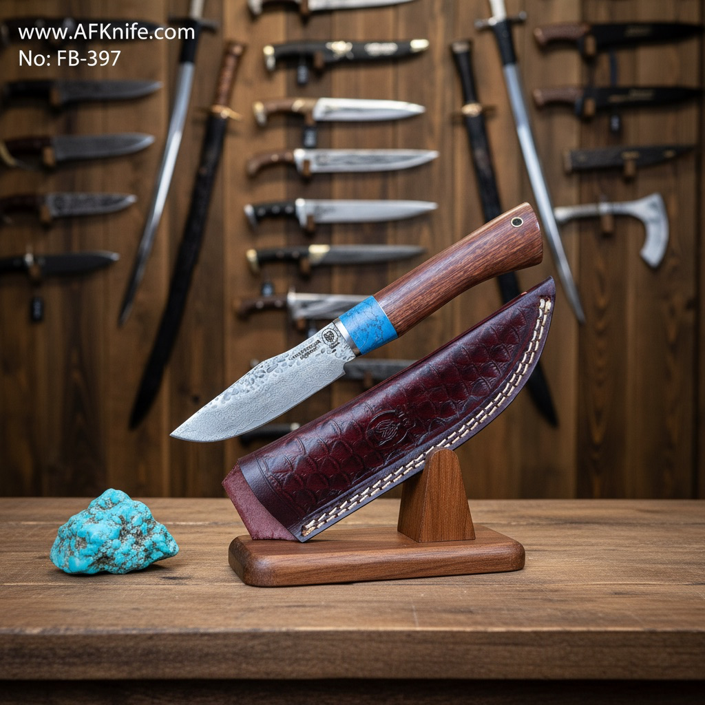 Fixed Blade Damascus VG10 + Oak wood w/ G10 turquoise Handle + 58-60 HRC + Leather Sheath Clip Point Style No: FB-397