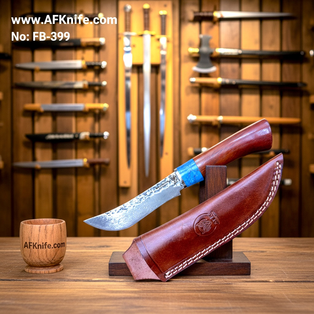 Fixed Blade Damascus VG10 + Oak & G10 turquoise Handle + Leather Sheath + 58-60 HRC Persian Style No: FB-399