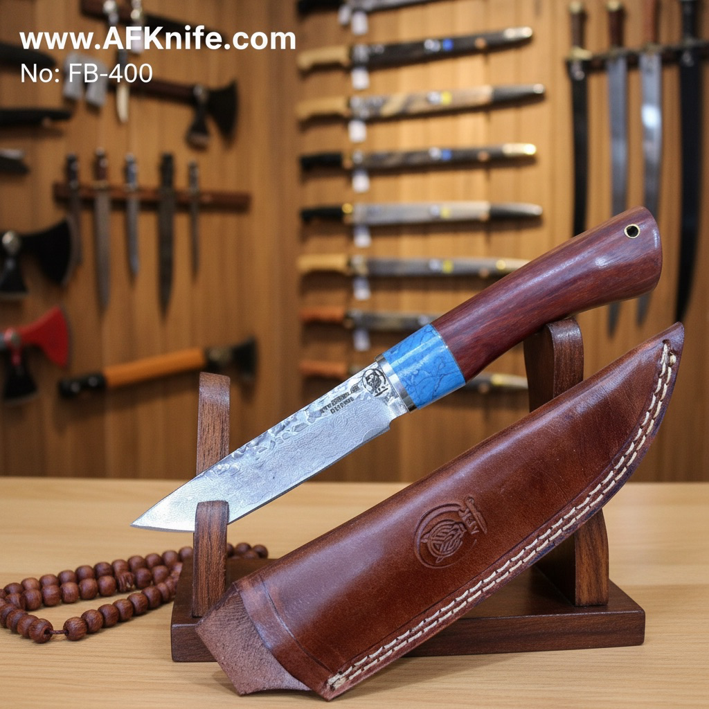 Fixed Blade Damascus VG10 + Oak w/ G10 turquoise Handle + Leather Sheath + Tanto Style No: FB-400