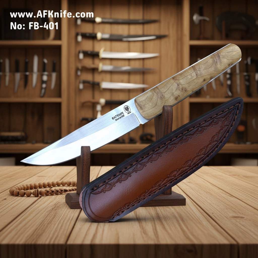 Fixed Blade VG10 Stainless Steel + White Shadow Wood Handle + Leather Sheath + 59-61 HRC - Tanto Style No: FB-401