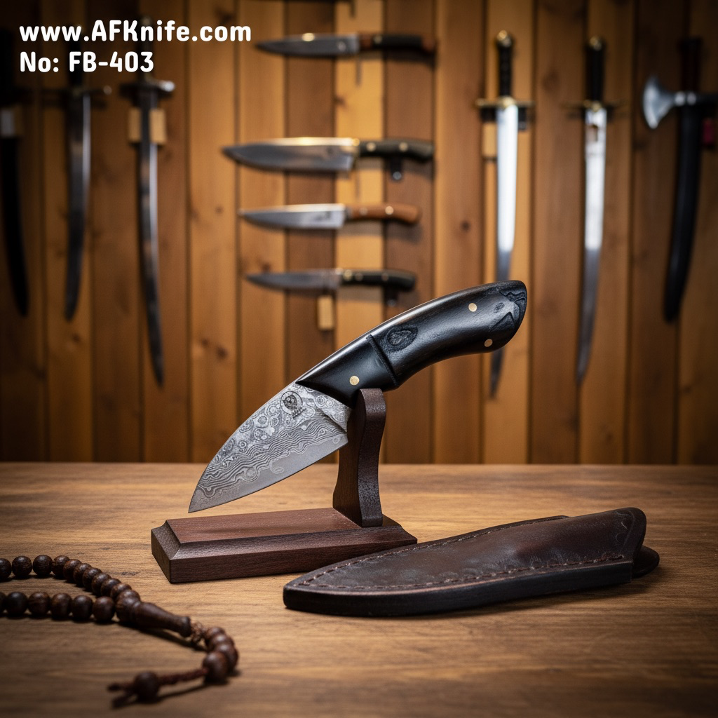 Fixed Blade Baby Knife - Damascus VG10 + Wood Handle + Leather Sheath + 58-60 HRC -( Sheepsfoot Style ) No: FB-403