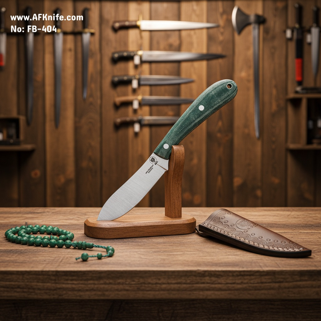 [WB-MLX04-404-Green] Fixed Blade Stainless Steel 440C + Linen Handle + 58-60 HRC + Leather Sheath - ( Nessmuk Style ) No: FB-404 (Micarta Green)