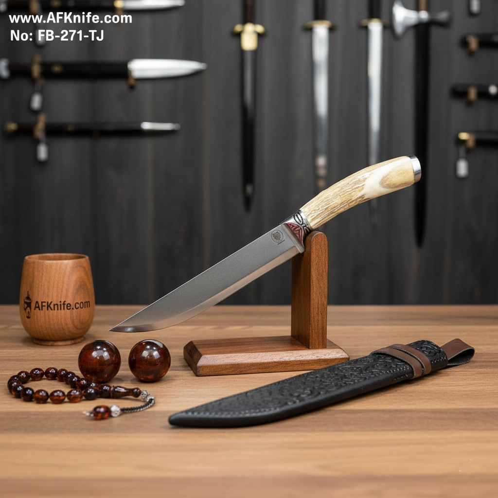 Fixed Blade Titanium Steel + Deer Horn w/ Guard Handle + Leather Sheath + 59-61 HRC - Drop Point Style No: FB-271-TJ