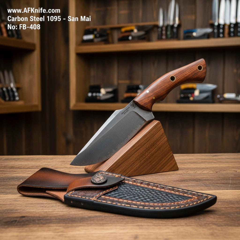 Fixed Blade Carbon Steel 1095 - San Mai + Pakka Wood Handle + Leather Sheath + 58-60 HRC - Clip Point No: FB-408