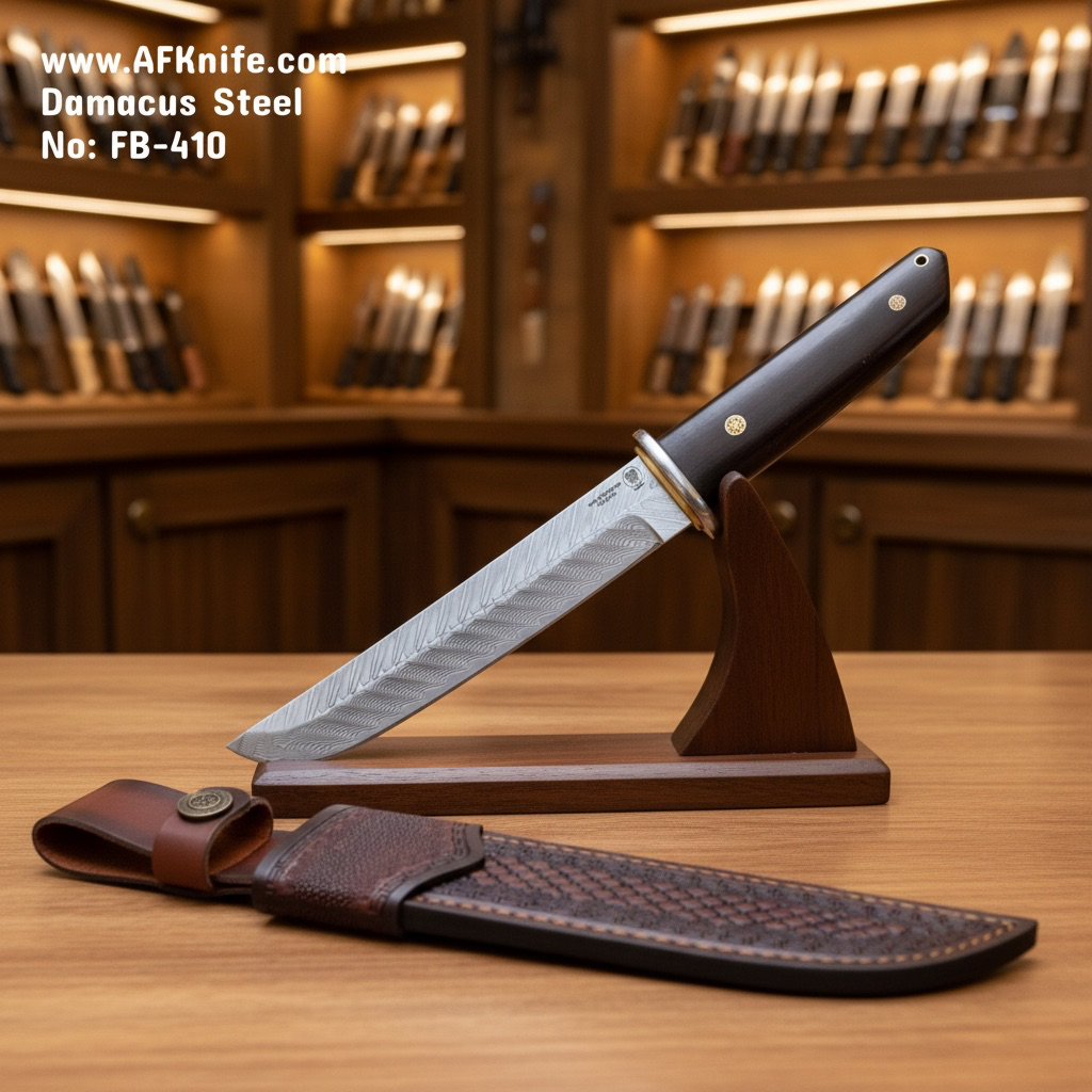 Fixed Blad Damascus Steel + Ebony Wood Handle + Leather Sheath + 58-62 HRC - ( Straight Back ) No: FB-410