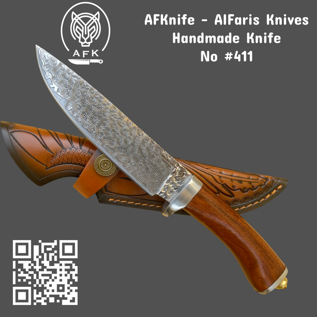 Fixed Blade Damascus VG10 + Walnut Wood Handle + Leather Sheath - ( Drop Point Style ) No: FB-411