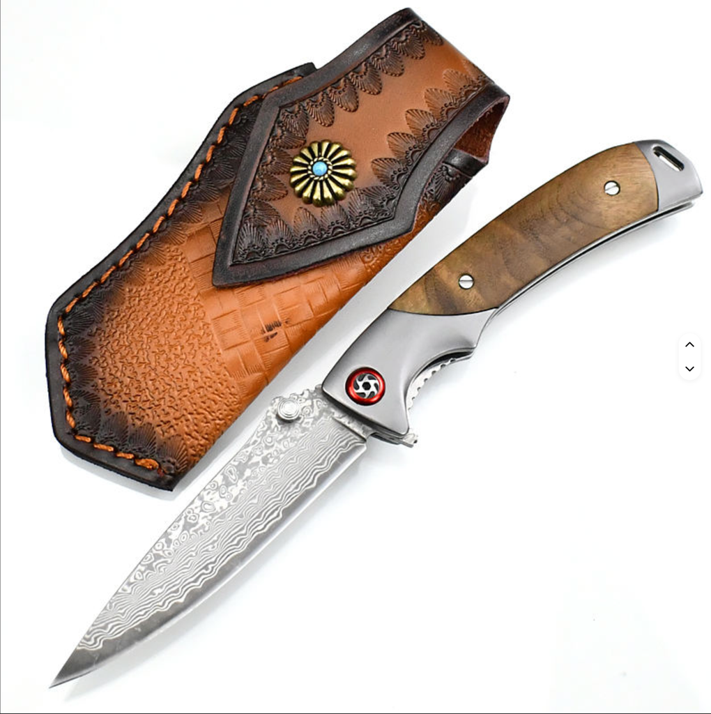 Folding Knife Damascus Steel & Shadow Wood Handle & Leather Case #FK014