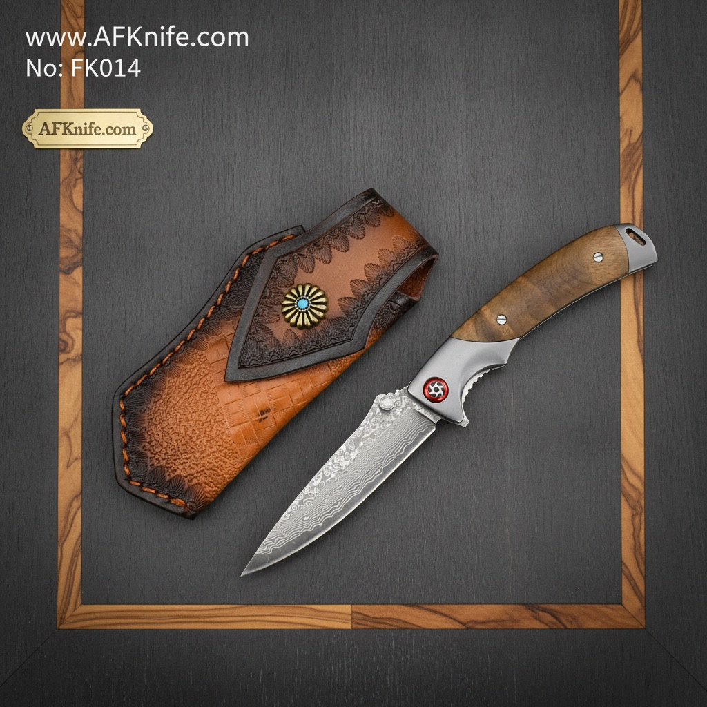 [FK014] Folding Knife Damascus VG10 & Shadow Wood Handle + Leather Sheath + 58-60 HRC + Liner Lock Method No: FK014