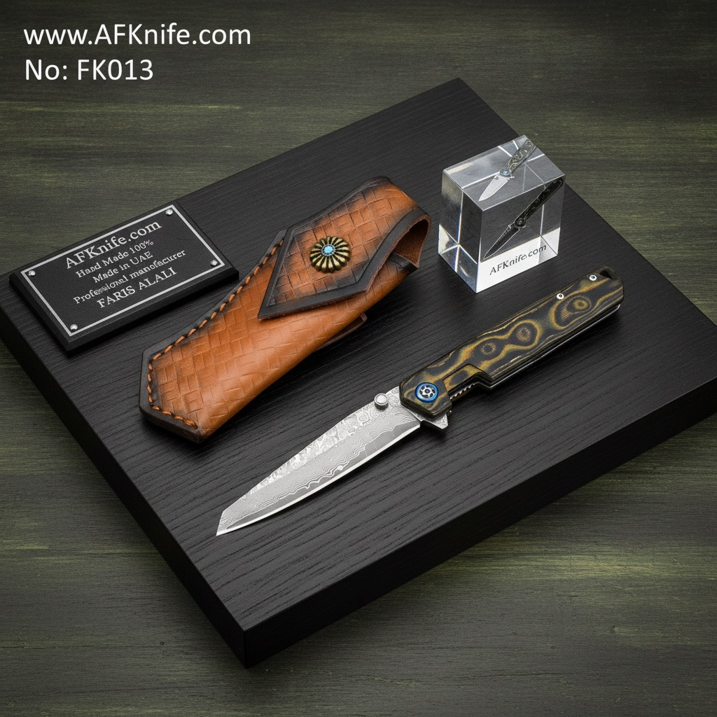 [FK013] Folding Knife Damascus VG10 + G10 Handle + Leather Case + Liner Lock Method No: FK013