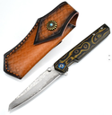 Folding Knife Damascus Steel & G10 Handle & Leather Case #FK013