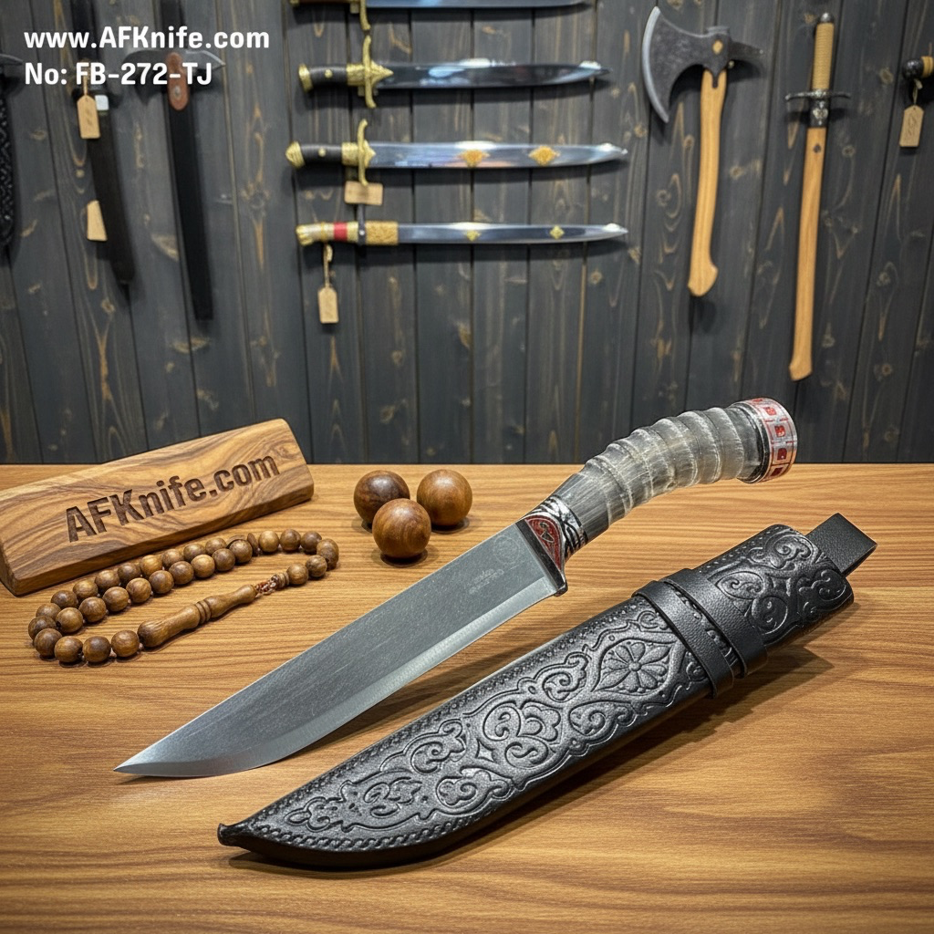 Fixed Blade Titanium Steel + Deer Horn w/ Gourd Handle + Leather Sheath + 59-61 HRC -Straight Back Style No: FB-272-TJ