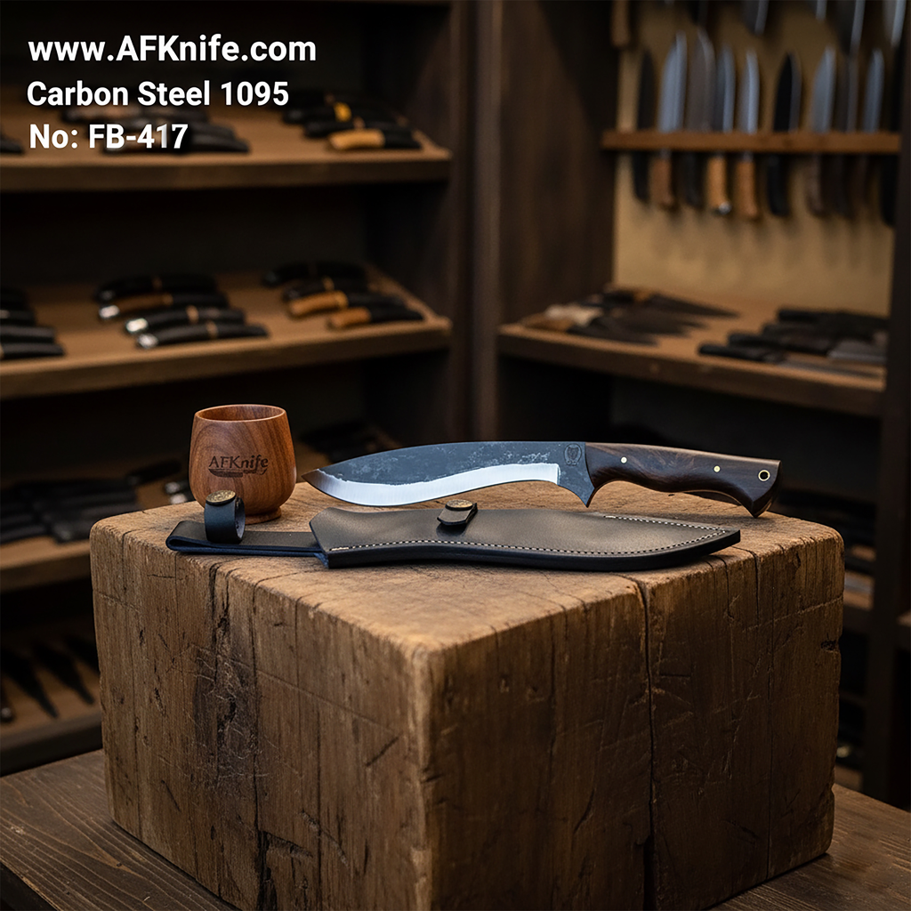 Fixed Blade Kukri - Carbon Steel 1095 + Rose Wood Handle + Leather Sheath + 57-58 HRC - Kukri Style No: FB-417