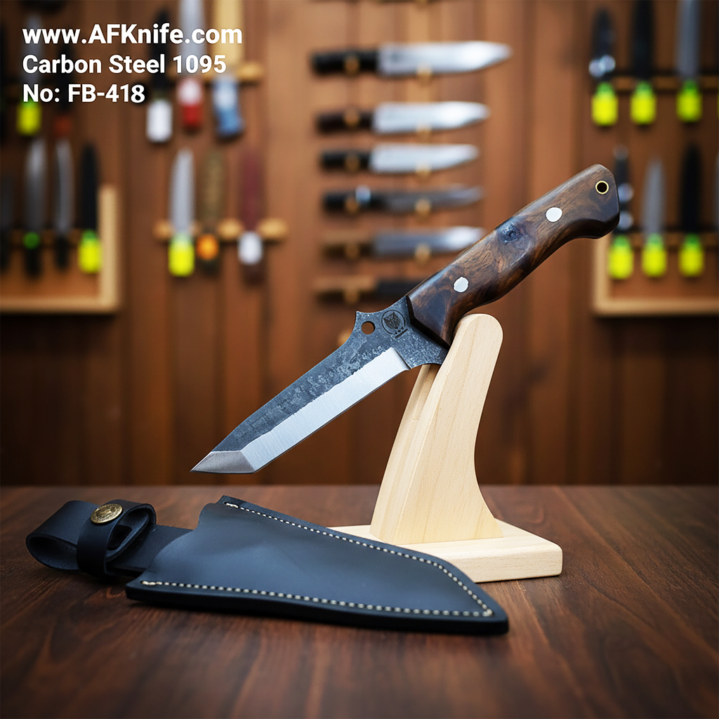 [418] Fixed Blade Carbon Steel 1095 + Rose Wood Handle + Leather Sheath + 58-59 HRC - Tanto Style No: FB-418
