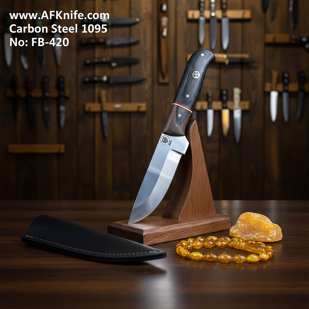 Fixed Blade Carbon Steel 1095 + Rose Wood Handle + Leather Sheath + 57-58 HRC -Straight Back Style No: FB-420