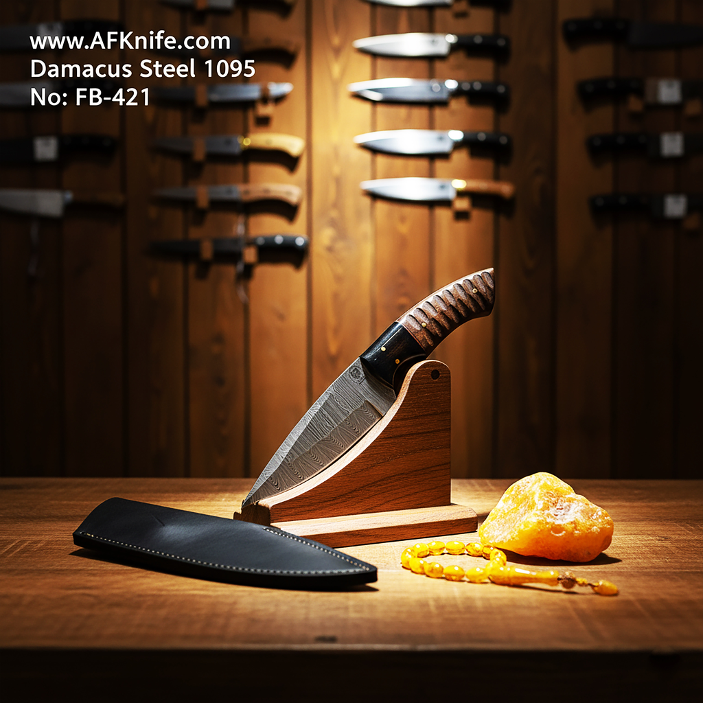 Fixed Blade Damascus Steel 1095 - Oak Wood & G10 Handle + Leather Sheath + 58-59 HRC -Leaf Shape Style No: FB-421