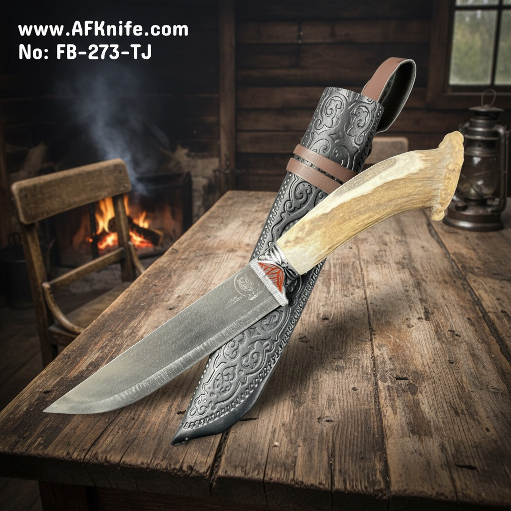Fixed Blade Titanium Steel + Deer Horn w/ Gourd Handle + Leather Sheath + 59-61 HRC -Straight Back Style No: FB-273-TJ
