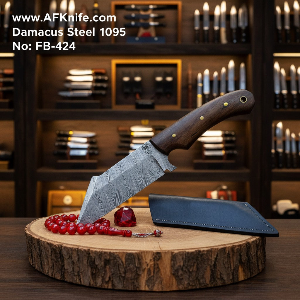 Fixed Blade Damascus Steel 1095 + Rose Wood Handle + Leather Sheath + 58-59 HRC ( Sheepsfoot Style ) No: FB-424