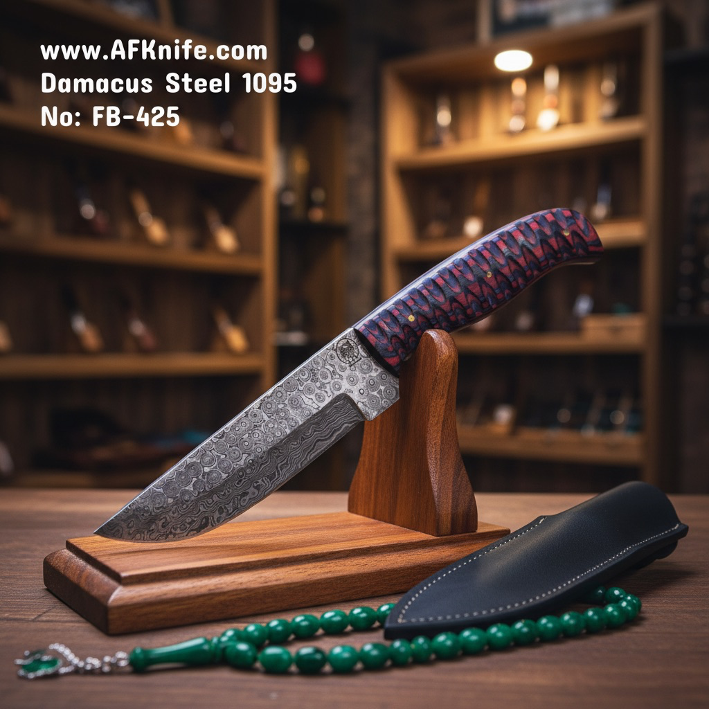 Fixed Blade Damascus 1095 - Raindrops + Colored Wood Handle + Leather Sheet + 58-59 HRC - Straight Back  No: FB-425