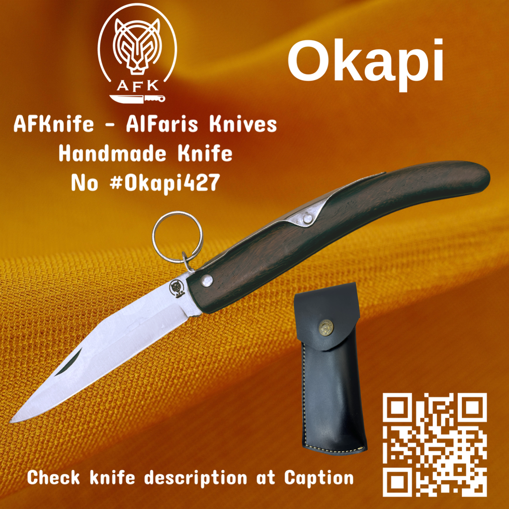 [FK023] Folding Knife Okapi Stainless Steel 440c & Oak Wood Handle #FK023