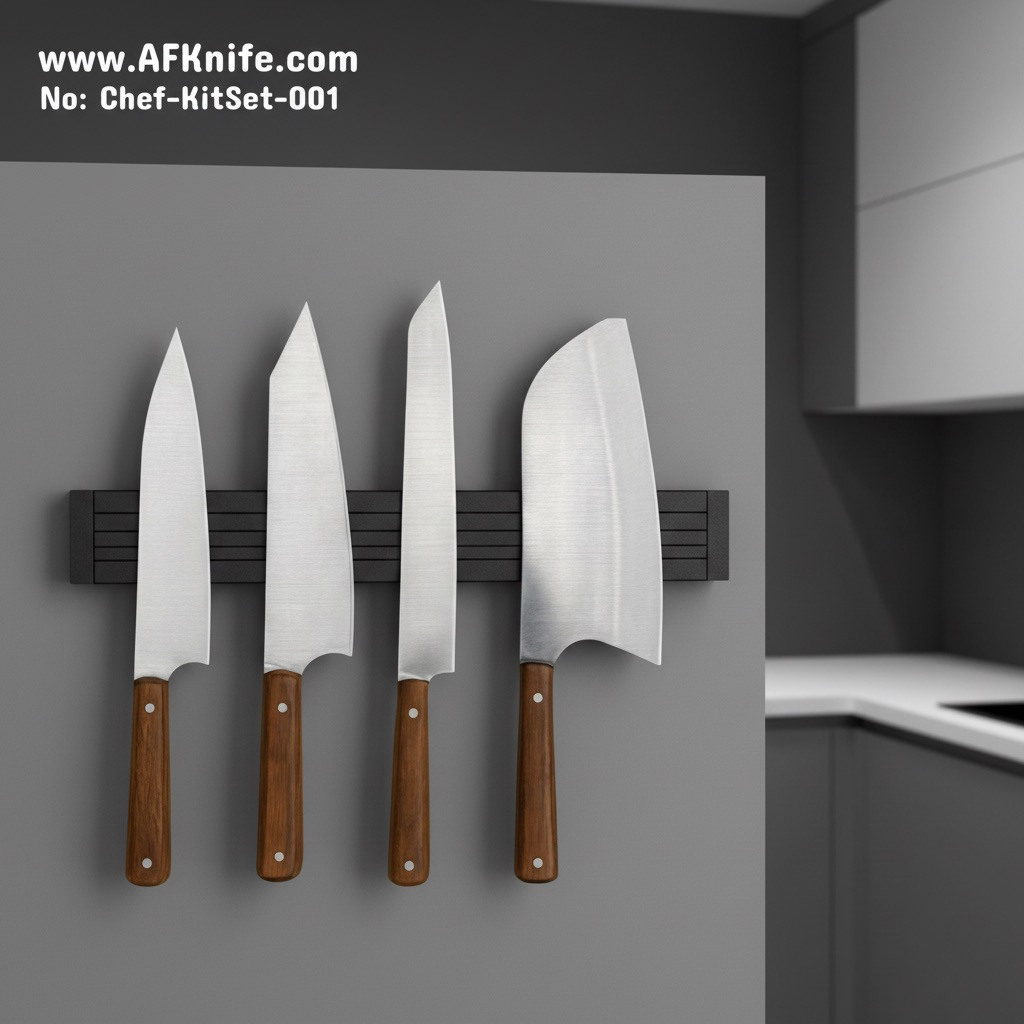 [KitSet001] Chef's (kitchen) - Set 5 Pcs - 1.4034 German Stainless Steel + Walnut Wood Handle + Jute & Leather Knives Sheath + 58-59 HRC - No: Chef-KitSet-001