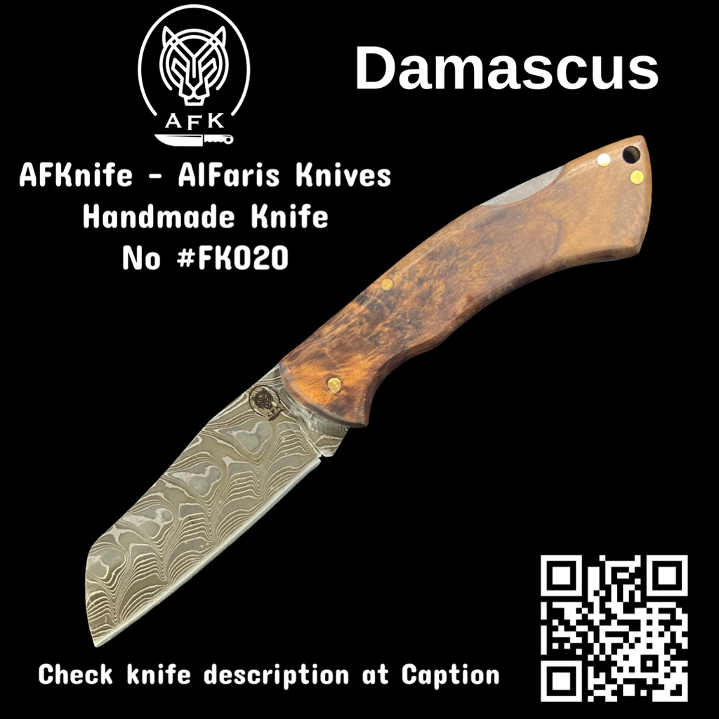 [FK020] Folding Knife Damascus 1095 + Walnut wood Handle + Back Lock Method No: FK020