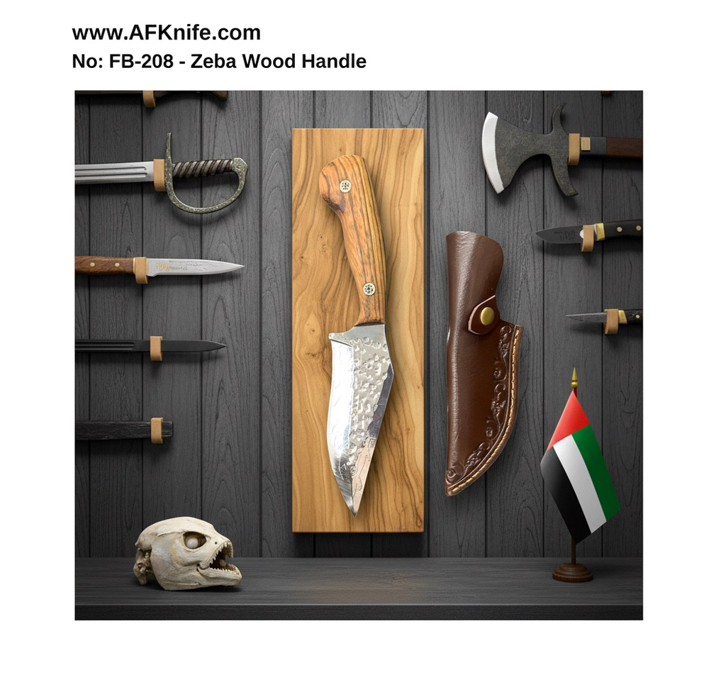 Fixed Blad Stainless Steel 440-C + Olive Wood / Zebra Wood Handle + Leather Sheath + 58-60 HRC - Skinner Style No: FB-208