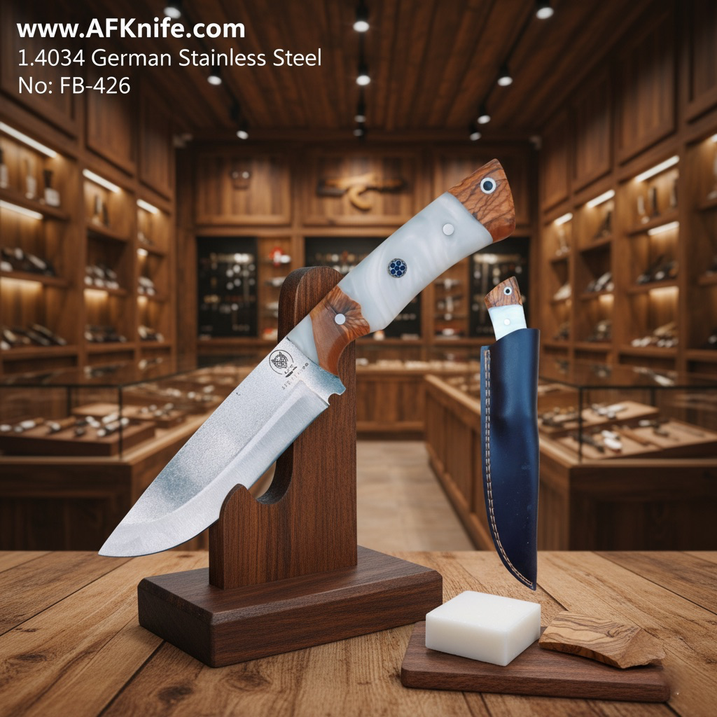 [426-White] Fixed Blade Fixed Blade 1.4034 German Stainless Steel + Stabilized Olive w/ Epoxy Handle + 58-59 HRC + Leather Sheath - Drop Point Style No: FB-426 (Olive Wood & White Epoxy)