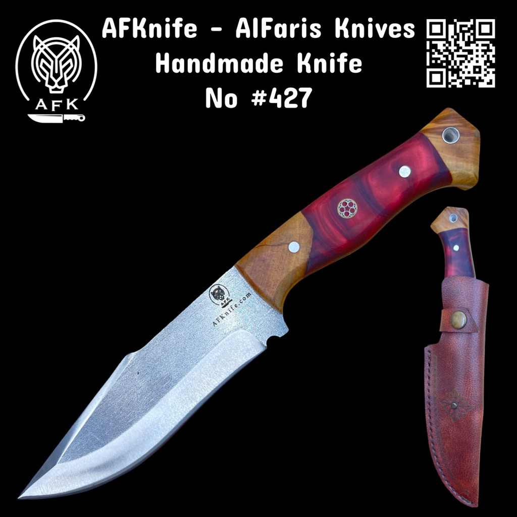 Fixed Blade 1.4034 German Stainless Steel + Stabilized Olive w/ Epoxy Handle + 58-59 HRC + Leather Sheath - Bowie Knife No: FB-427