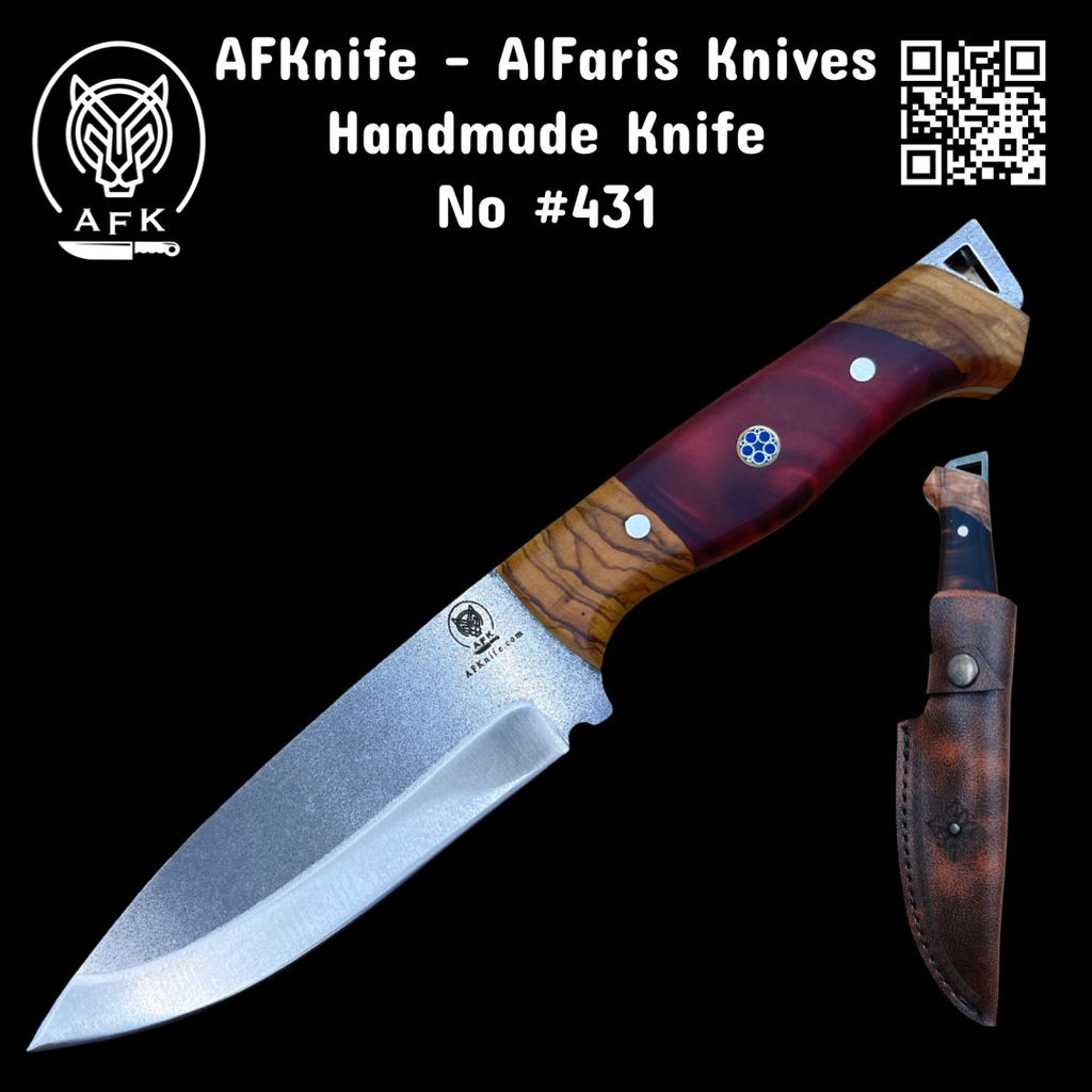 [431-RedEpx] Fixed Blade Drop Point ( W.NR 1.4034 Steel ) Knife #431 (Olive Wood & Red Epoxy)