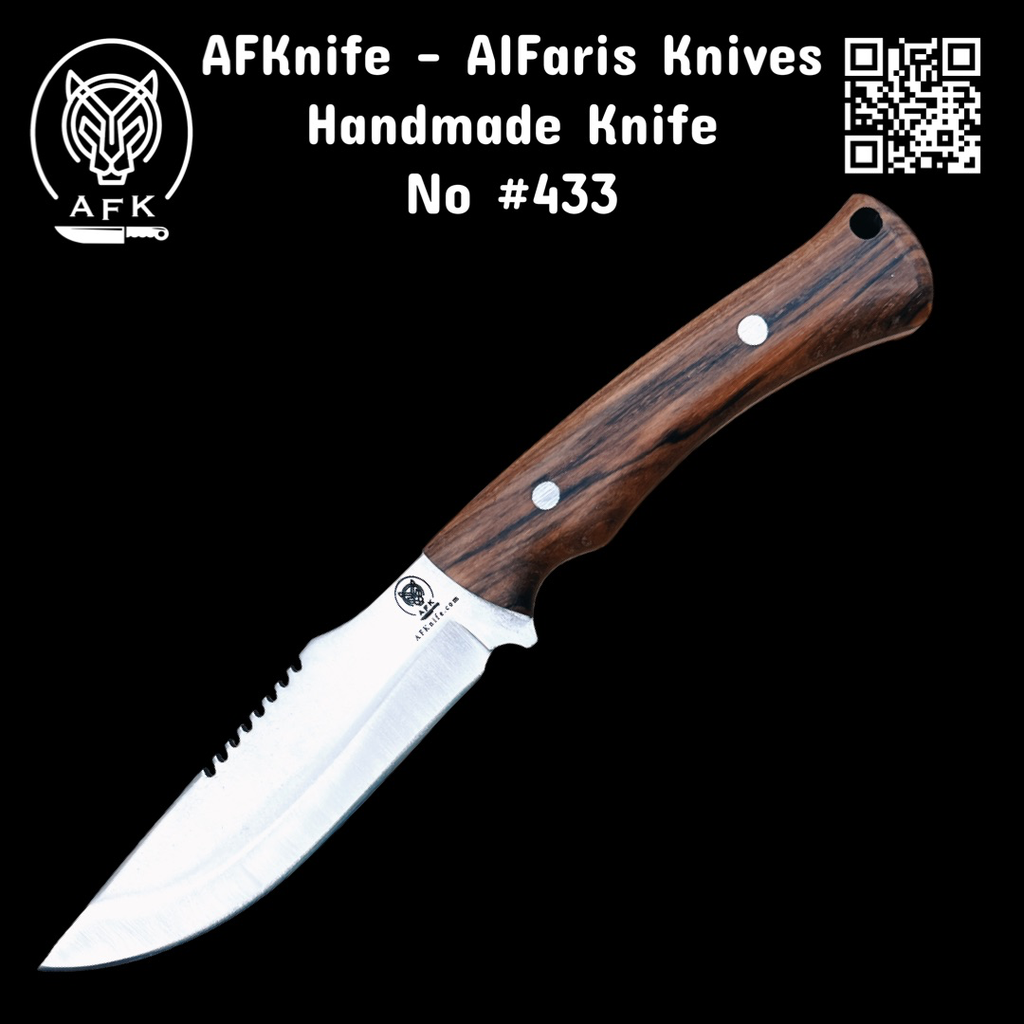 Fixed Blade ( W.NR 1.4034 Stainless Steel - German  ) + Walnut Wood Handle + Leather Sheath + 58-59 HRC - ( Drop Point Style ) No: FB-433
