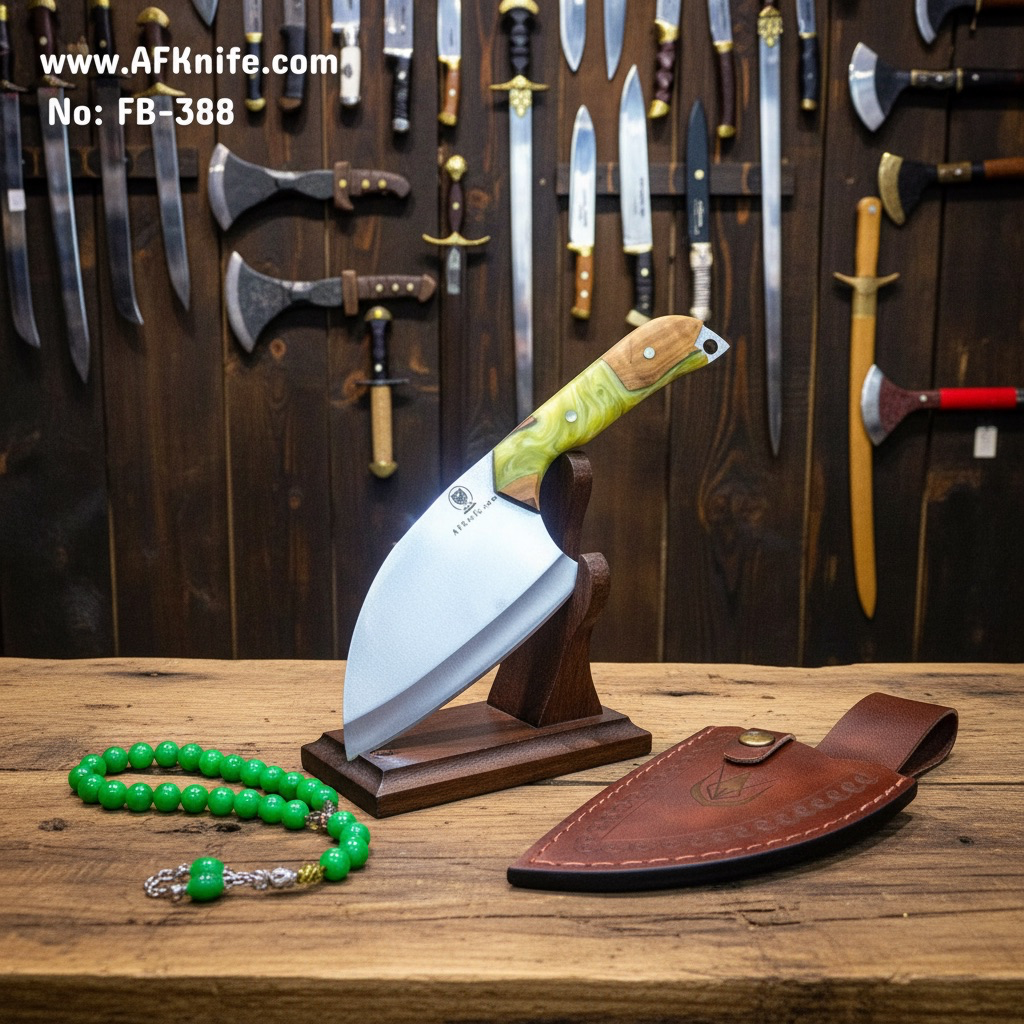 Fixed Blade Cleaver Knife - 1.4034 German Stainless Steel + Stabilized Olive Wood & Epoxy Handle + Leather Sheath + 58-59 HRC ( Cleaver Style ) No: FB-388