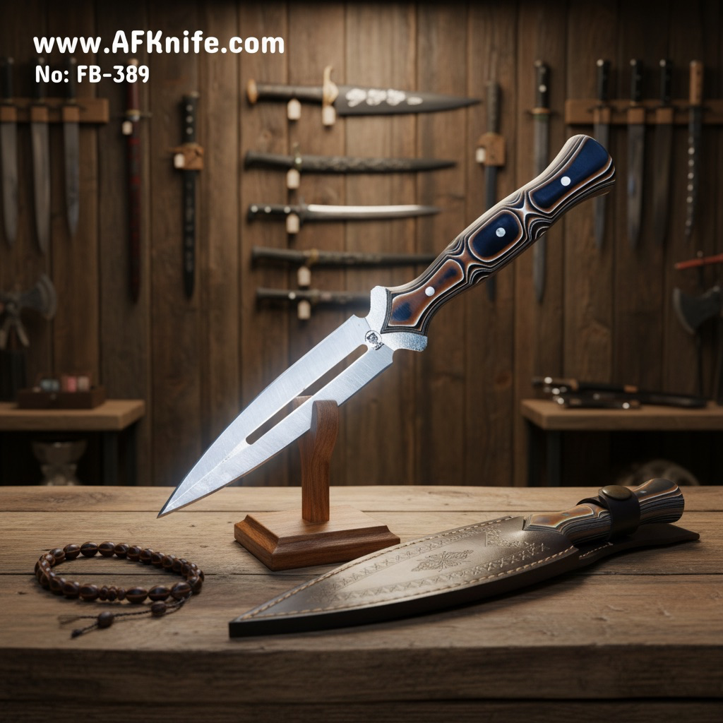 Fixed Fixed Blade Dagger Double Edge - 1.4034 German Stainless Steel + Werzalit Handle + Leather Sheath + 58-59 HRC - Spear Point Style No: FB-389