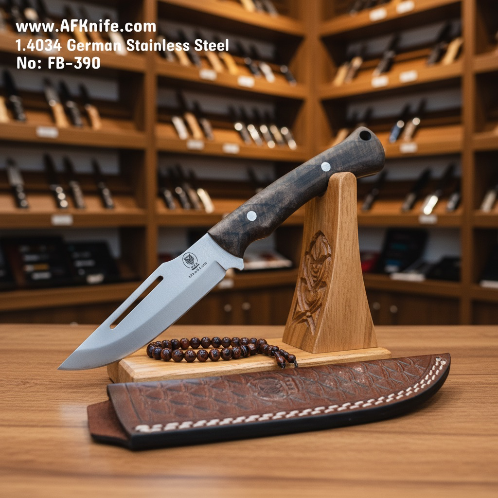 Fixed Blade 1.4034 German Stainless Steel + Walnut Wood Epoxy Handle + 58-59 HRC + Leather Sheath ( Clip Point Style ) No: FB-390