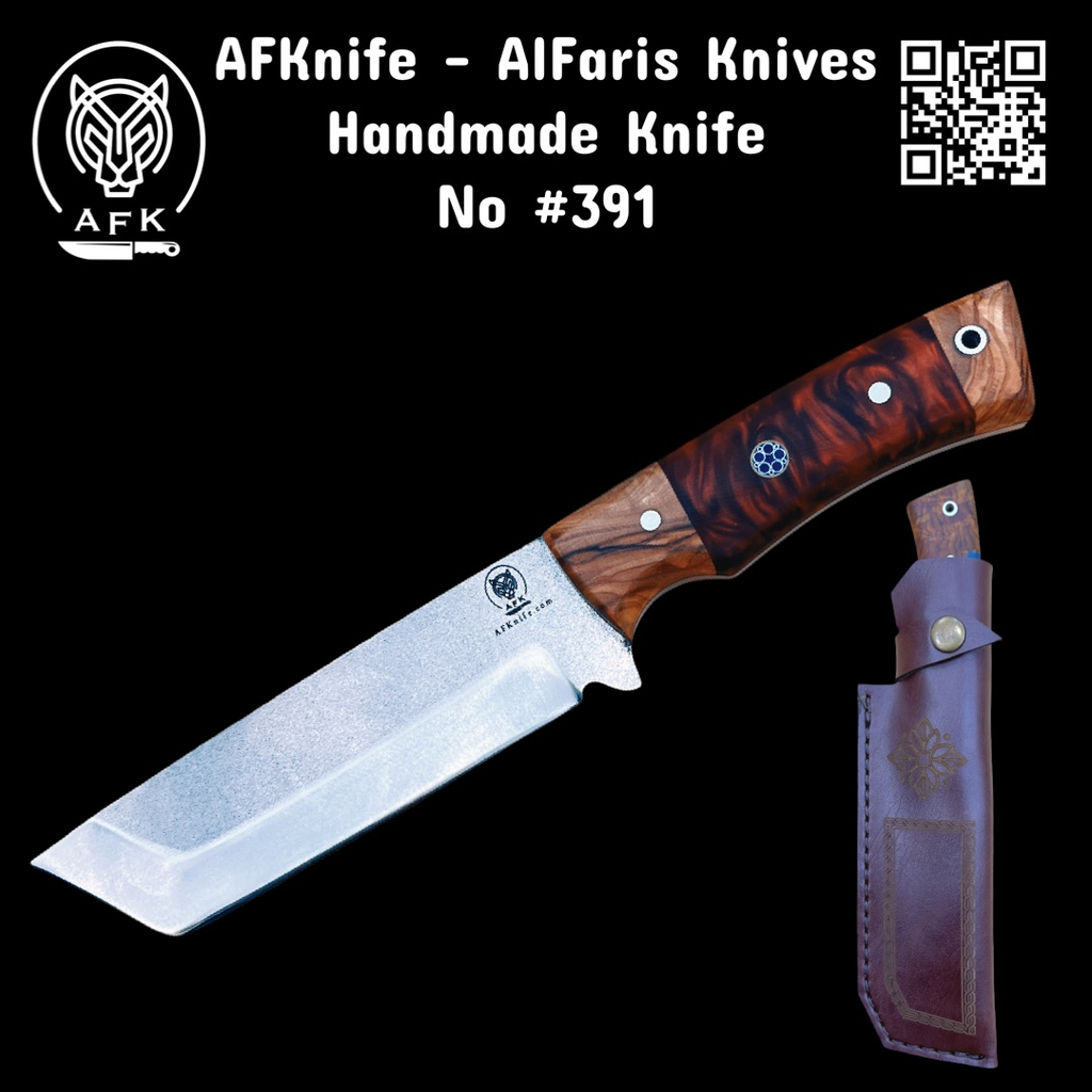 [391-Red-Epx] Fixed Blade W.NR 1.4034 German Stainless Steel ( Tanto ) Knife #391 (Olive Wood & Red Epoxy)